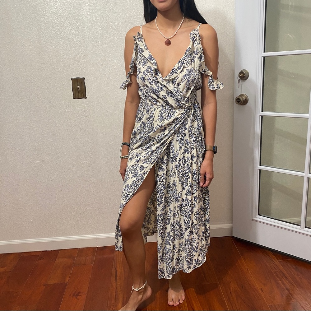 Women White Blue Floral Wrap Long Dress topshop